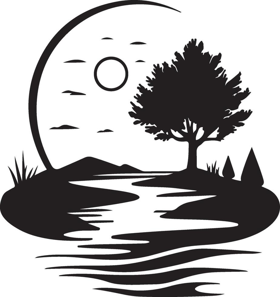 a silhouette of a tree and a river vector