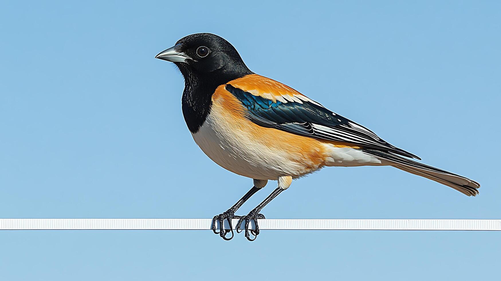 Colorful bird perched on a white wire against a blue sky. photo