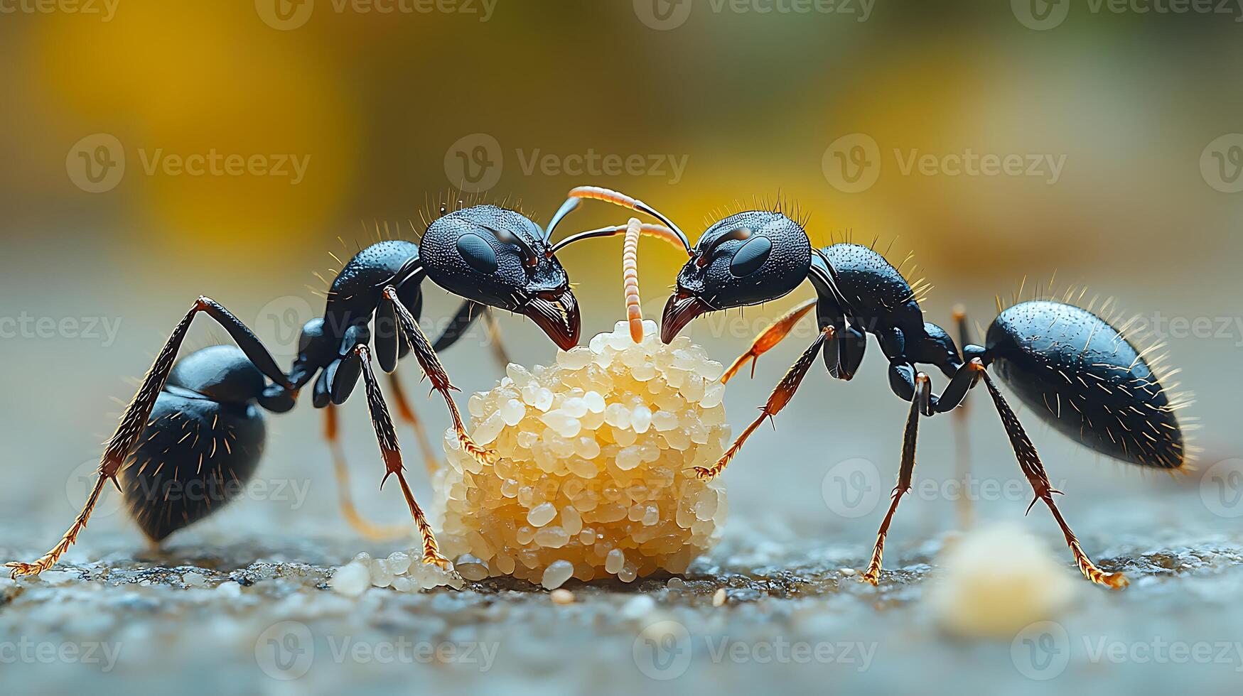 Two black ants working together to move a large grain. photo