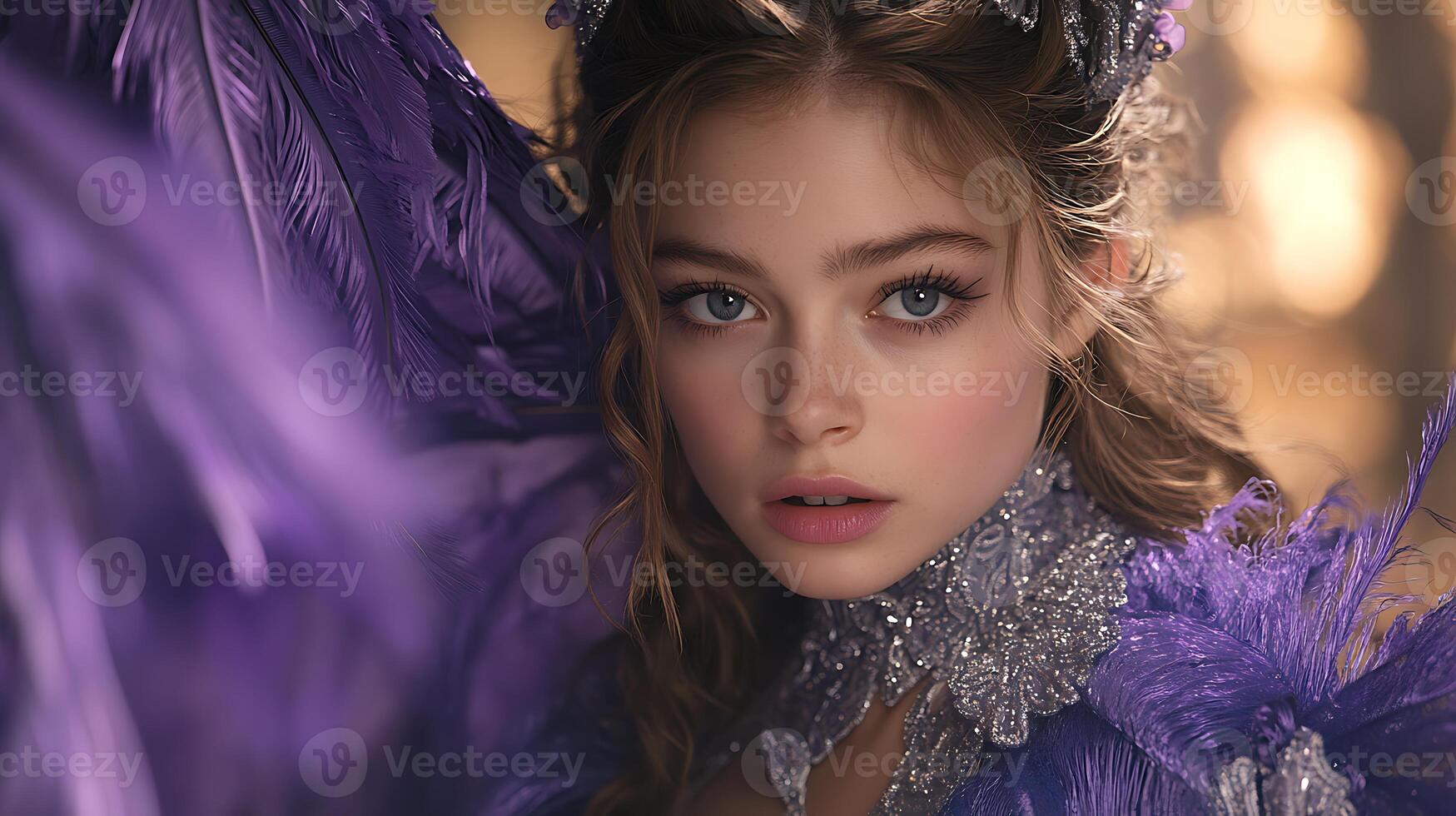 Close-up portrait of a young woman with purple feathers and a sparkling collar. photo