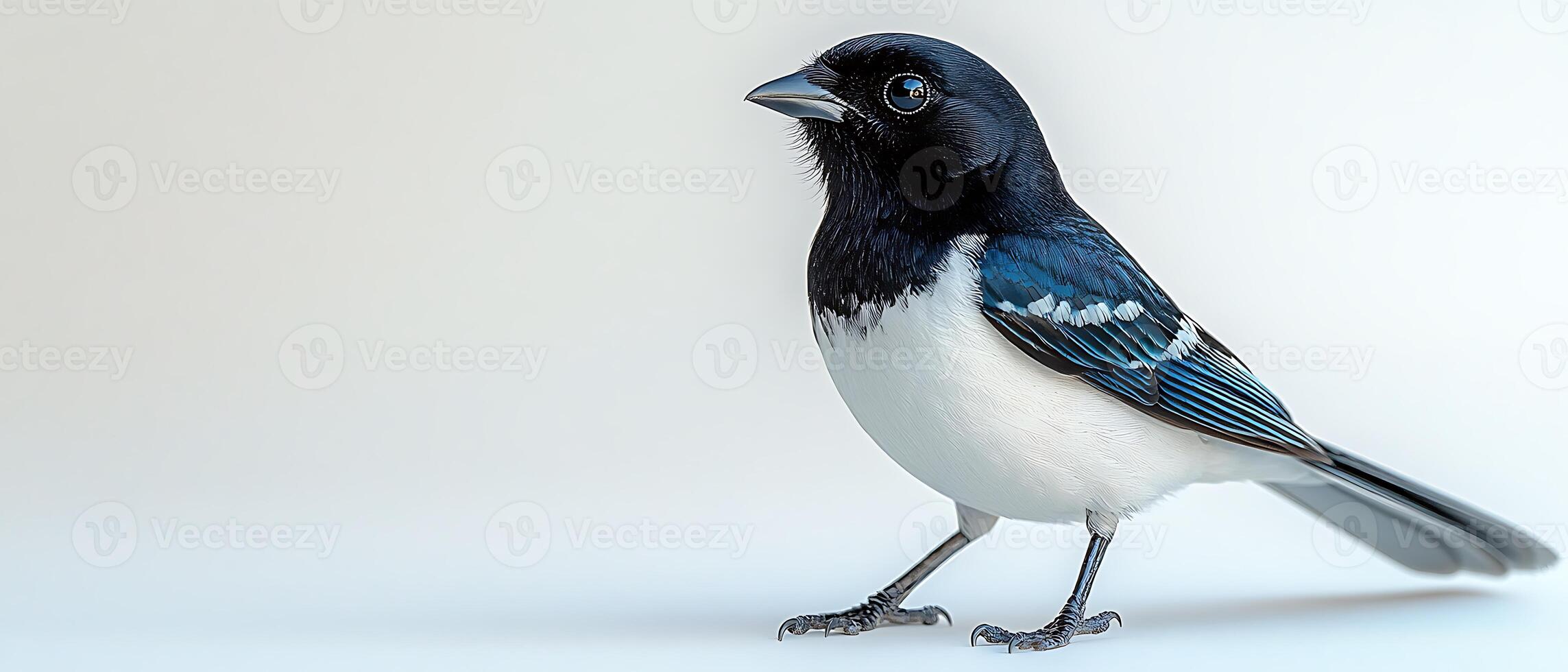 A black and white bird with blue wings stands on a white surface. photo