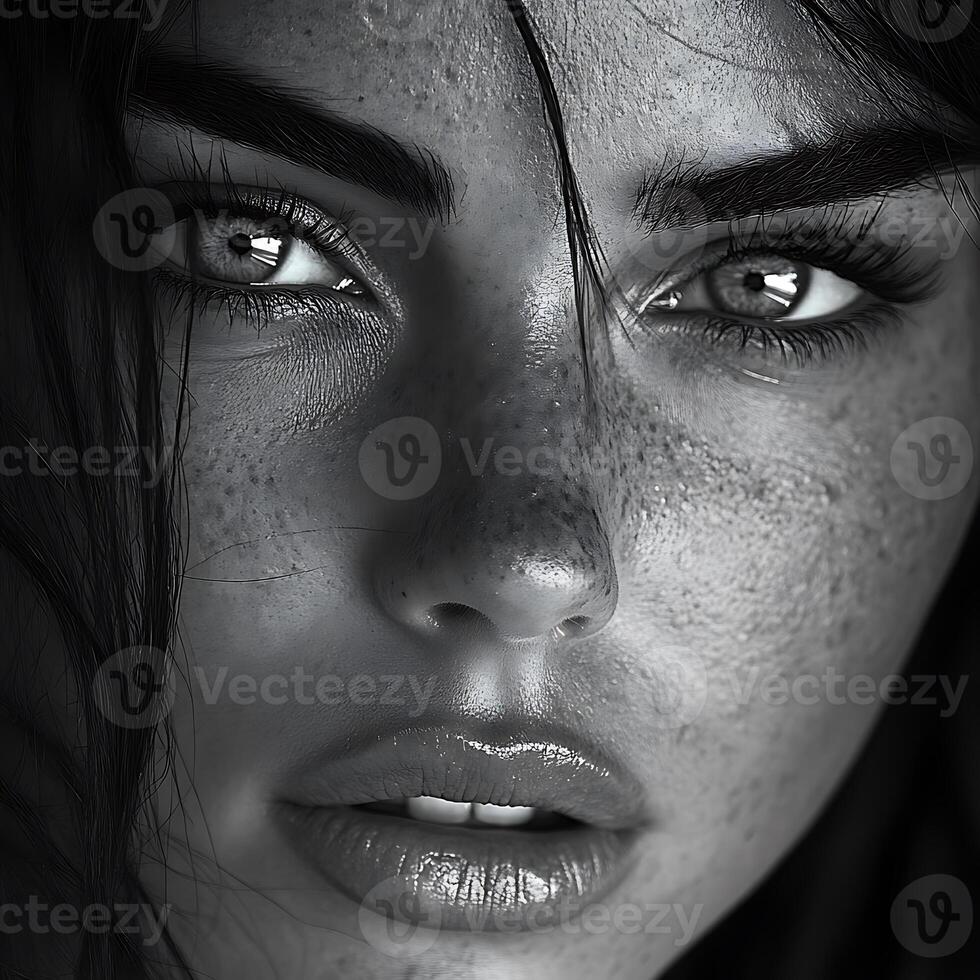 Close-up black and white portrait of a woman's face with freckles and intense eyes. photo