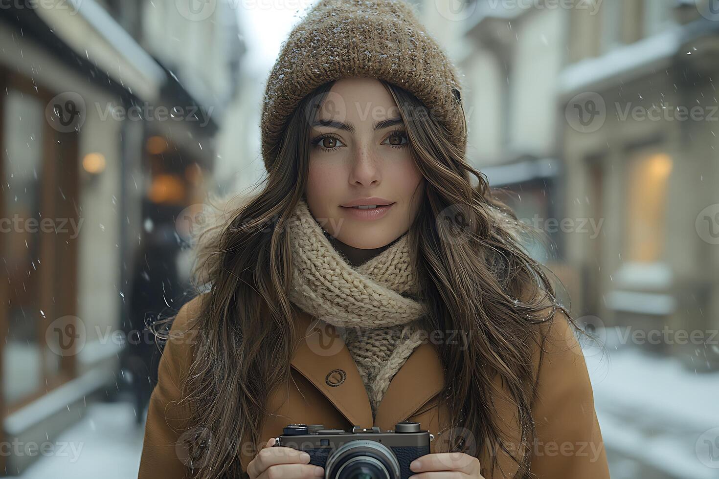 Young woman in a brown coat and hat with a camera in her hands, looking at the camera. photo