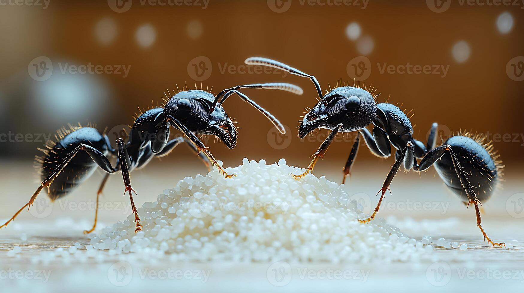 Two black ants face each other, standing on a pile of white grains. photo