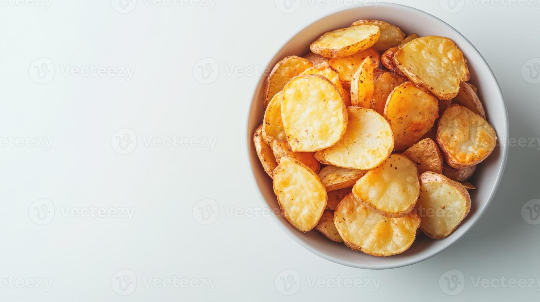 Fried seasoned potatoes in a bowl on white background, top view with copy space. Traditional country style cuisine photo