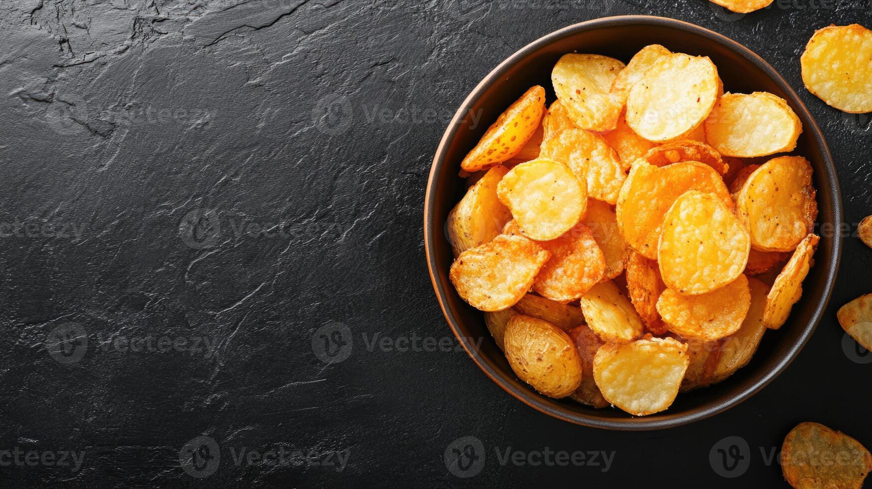 Fried potatoes chips in a bowl on black background, top view with copy space. Traditional country style cuisine photo