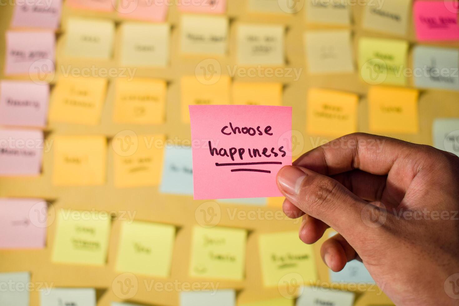Hand hold sticky notes with words Choose Happiness. Motivational words for personal development, inspirational handwriting. Sticky notes background photo