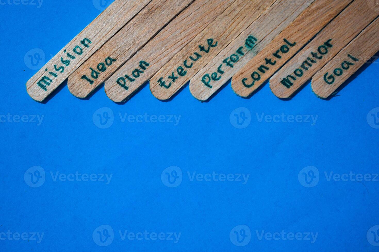 stick of ice cream with the words mission, idea, plan, execute, perform, control, monitor, goal. Motivational quotes, strategy business, marketing words. Isolated on background photo