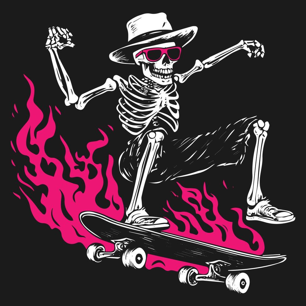 Skateboarder skeleton in hat and sunglasses on fire vector