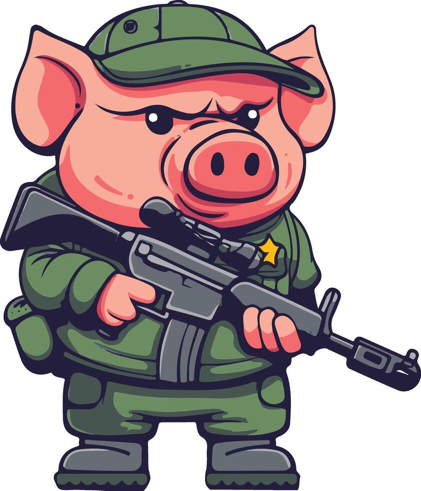 Cartoon pig soldier with rifle vector