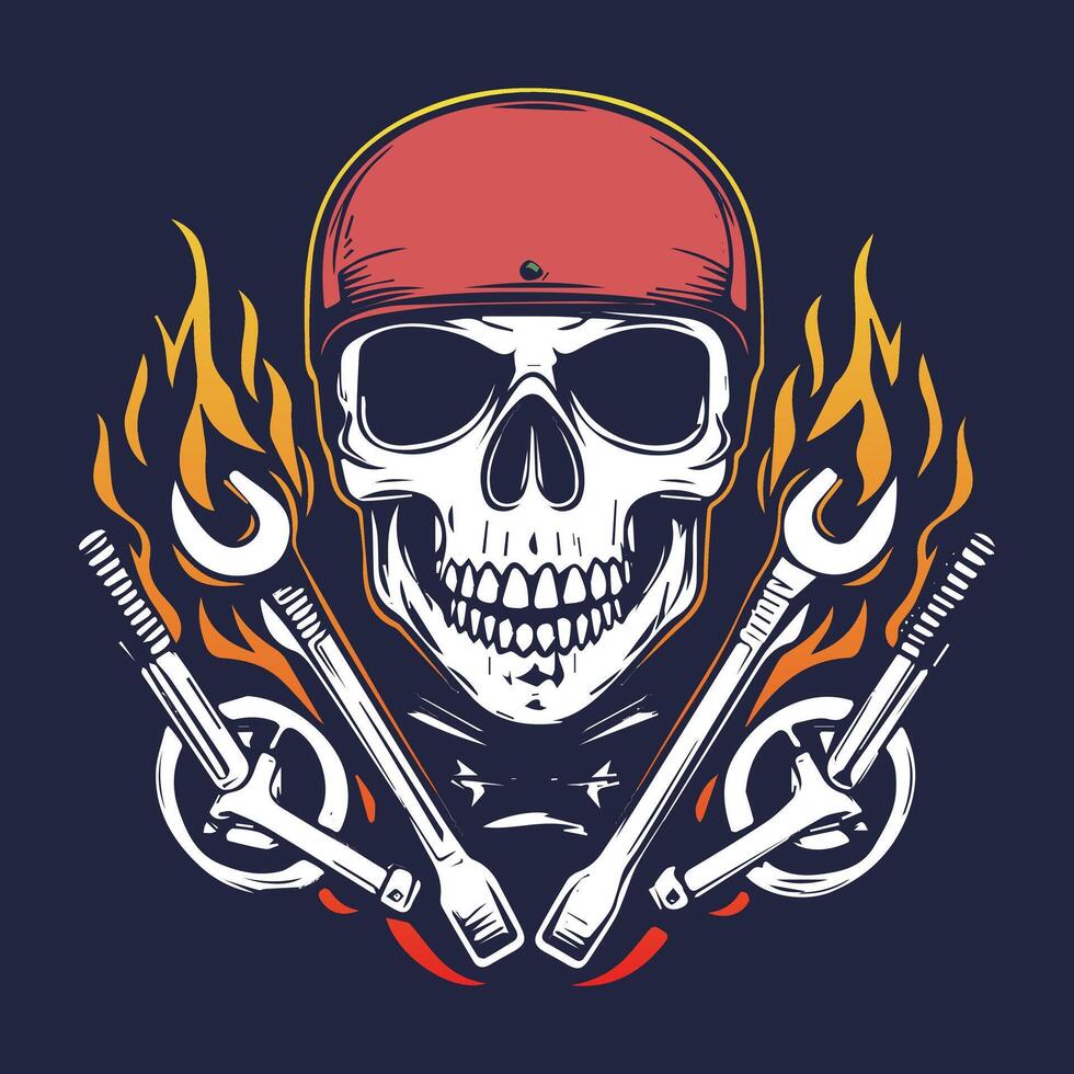 Skull with wrenches and fire vector
