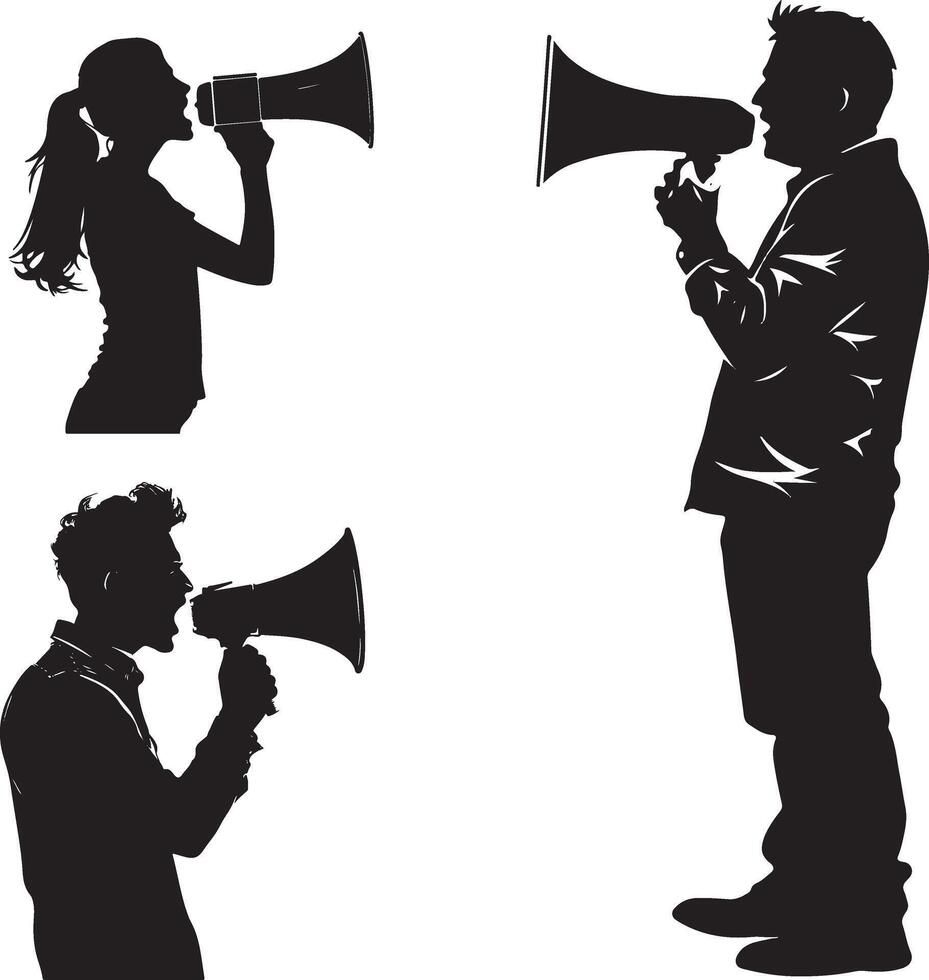 Silhouettes of man and woman shouting with megaphone vector