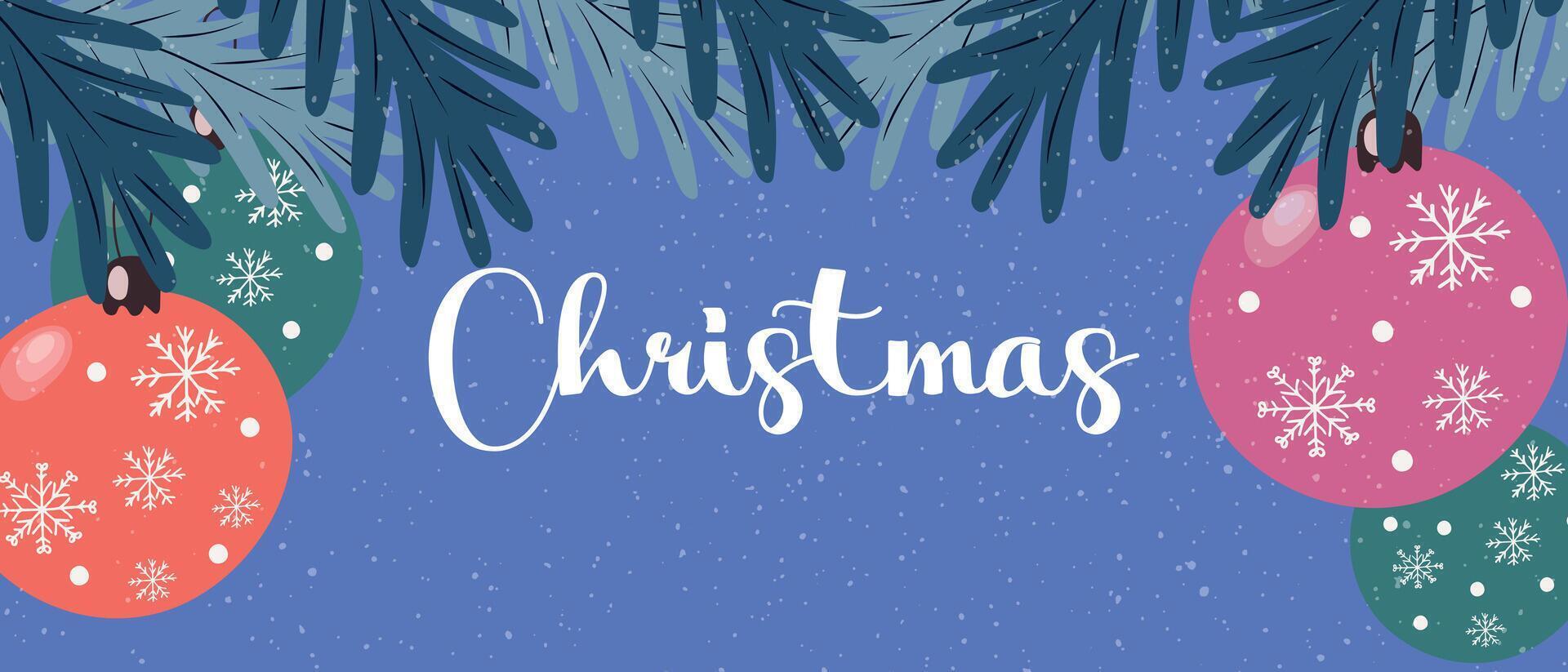 Merry Christmas greeting web banner. Modern Christmas art design with typography, fir branches and balls. vector