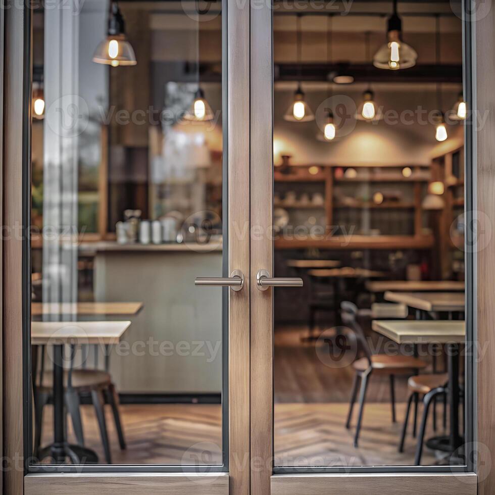 Logo poster promotion design mockup. Blank empty clear glass doors for advertising banner frame template mock up displayed at the front of cafe bar restaurant or coffee shop. photo