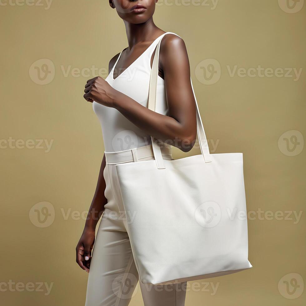 Tote bag mockup. Young African American beautiful woman carrying white reusable cotton linen eco organic fabric canvas blank totebag for handbag design. photo