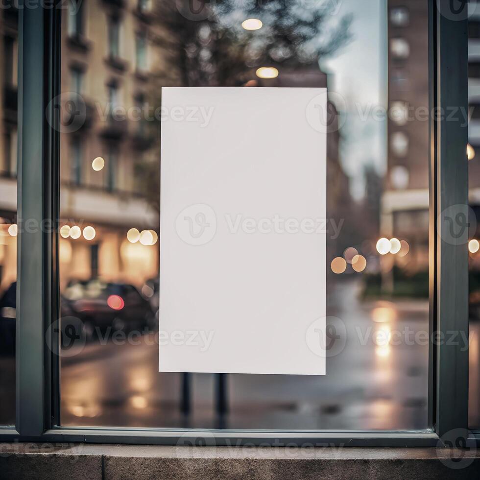 Poster promotion design mockup. Vertical empty white blank paper advertising logo banner frame template mock up displayed on window glass. photo