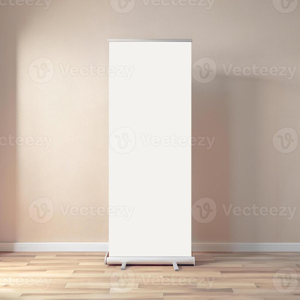 Rollup banners stand mockup. Blank clear white rollup poster with space for logo or text on wooden floor with light beige wall in empty room photo