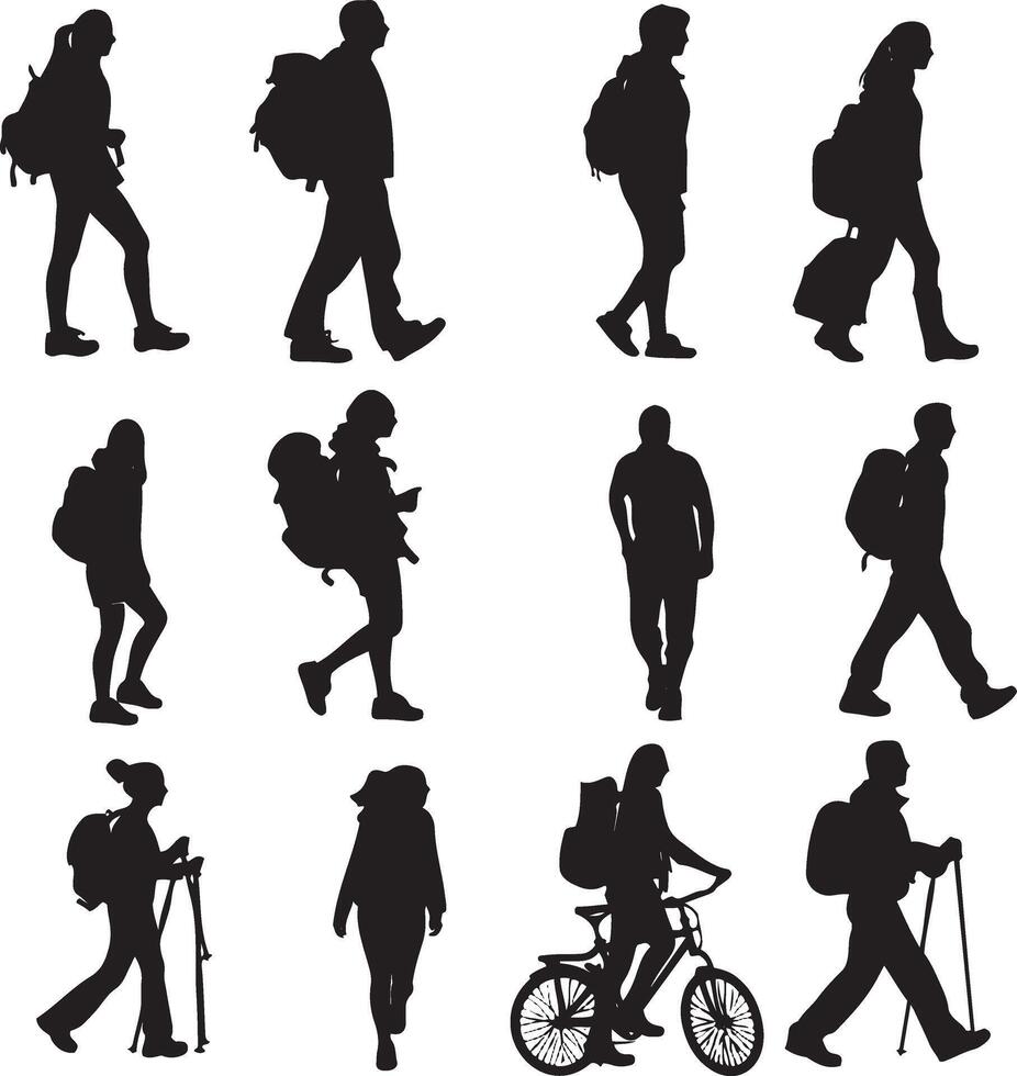 Silhouettes of people walking and cycling vector