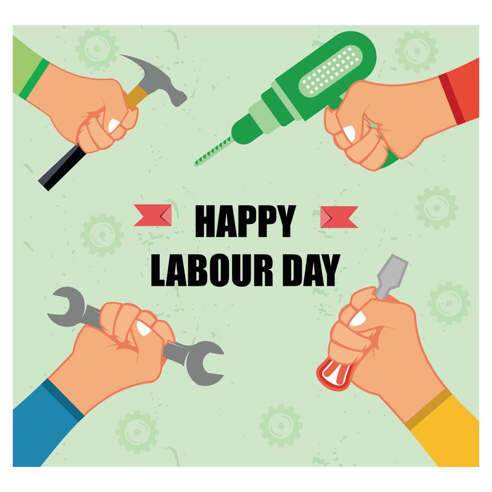 Labor Day concept with hands holding tools. Flat modern illustration vector