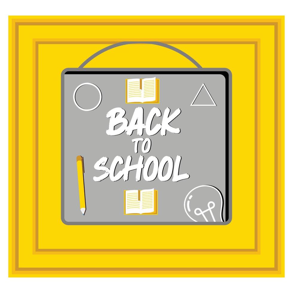 Back to school text in chalkboard element with light bulb and pen educational elements. Flat modern illustration vector