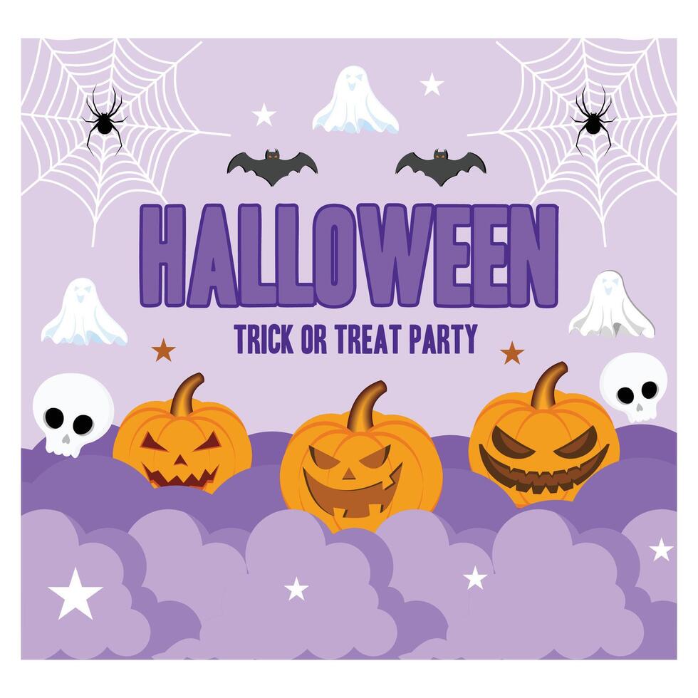 Happy Halloween party poster with night clouds and pumpkins in paper cut style. Place for text. Brochure background. flat modern illustration vector