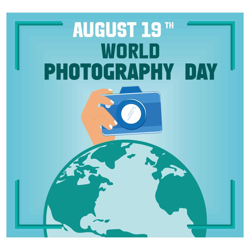 Poster and banner design for world photography day. Hand holding camera. flat modern illustration vector