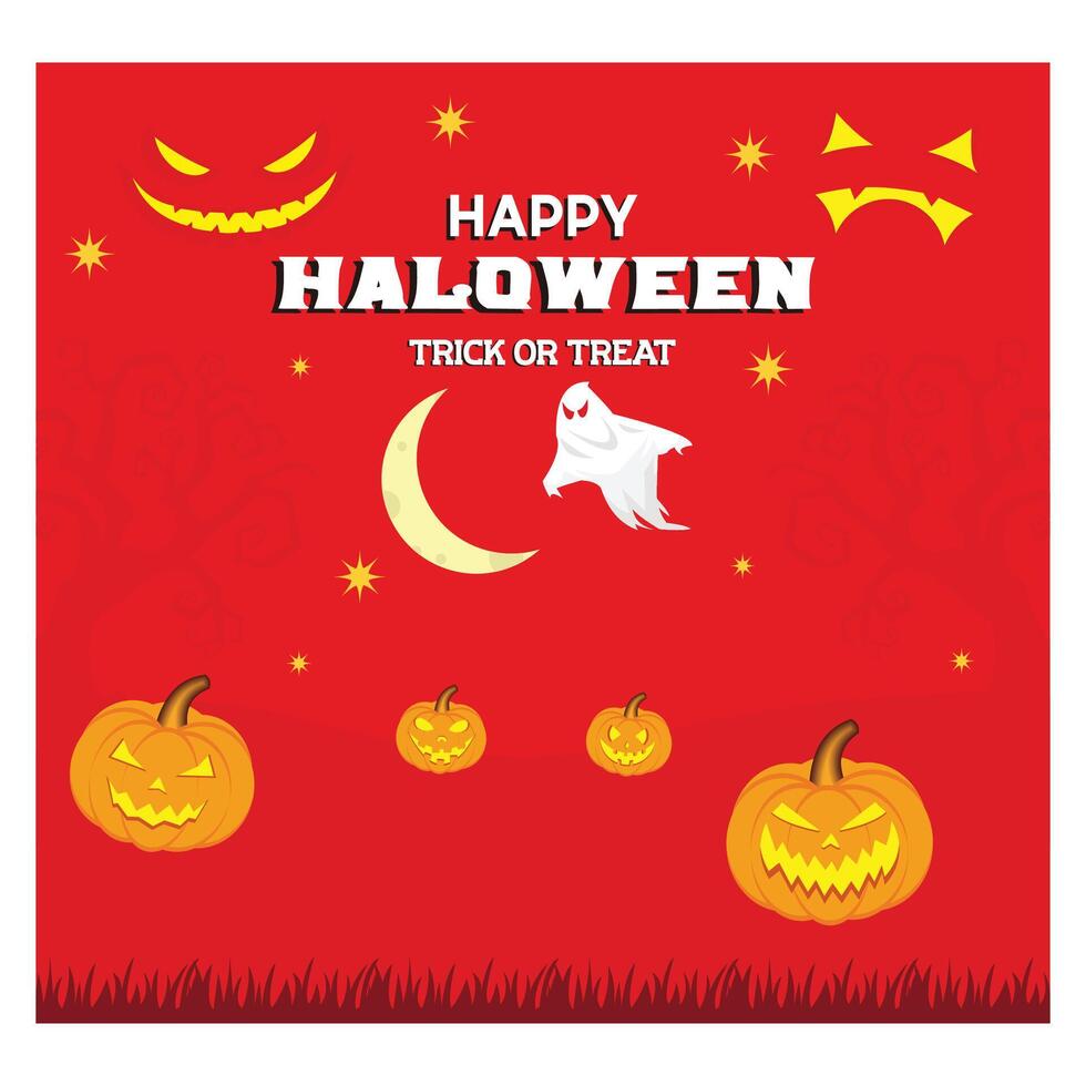 Halloween background design. Happy halloween trick or treat text with cute ghost and pumpkin elements for spooky party celebration. flat modern illustration vector