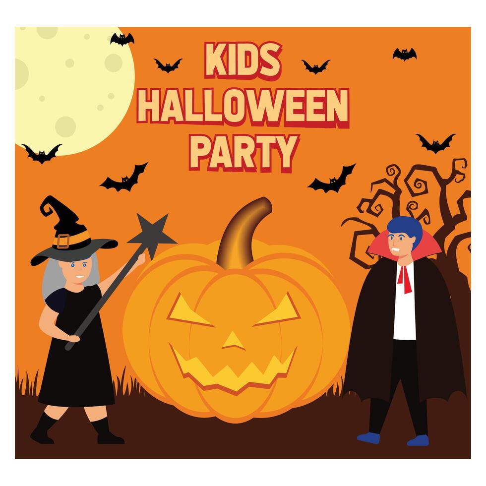Halloween children's party. Cute boy and girl. Holiday horror costume. Smiling pumpkin with invitation text. Cute kids in monster clothes. flat modern illustration vector