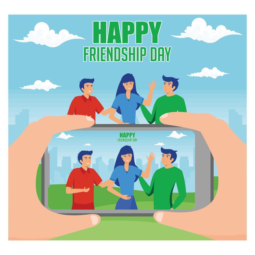Group of three friends taking a photo with a smartphone. Friendship concept. flat modern illustration vector
