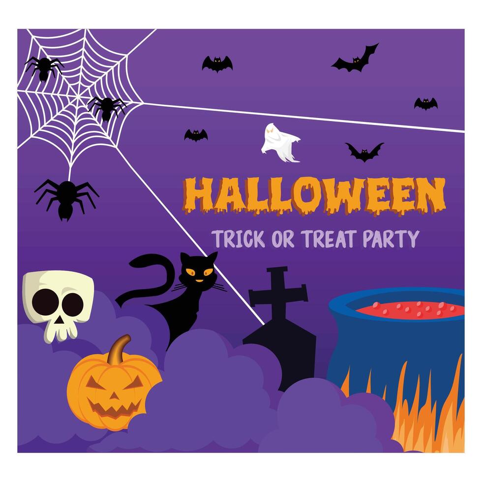 Happy Halloween banner or party invitation background with clouds, bats and pumpkins in paper cut style. flat modern illustration vector