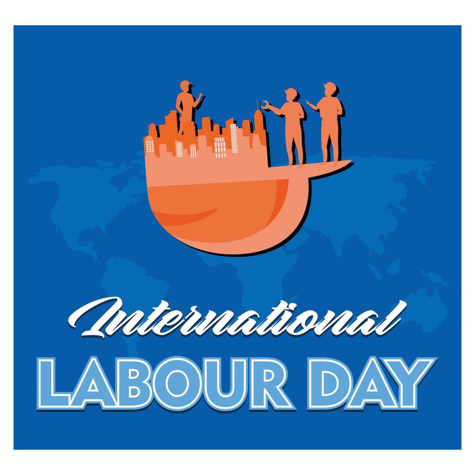 Happy Labor Day Typography with a group of workers and Safety Helmet. Flat modern illustration vector