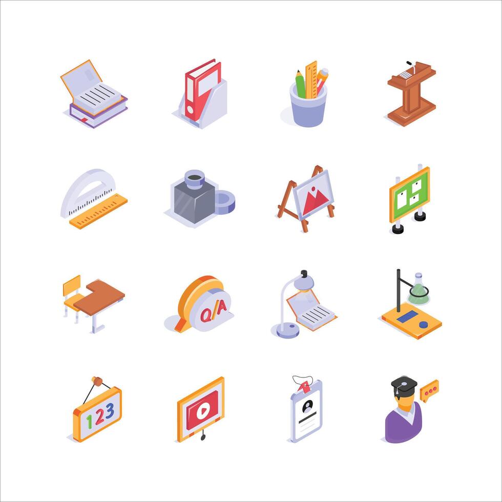 Collection of school and education isometric icon in modern design style vector