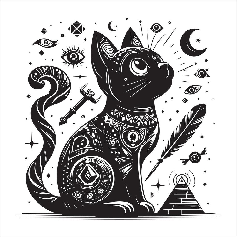 a black and white cat with a pyramid and other symbols vector