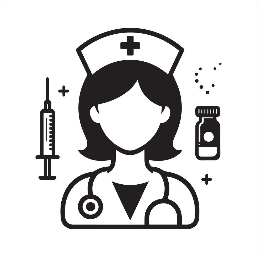 nurse icon with syringe, syringe and other medical items vector