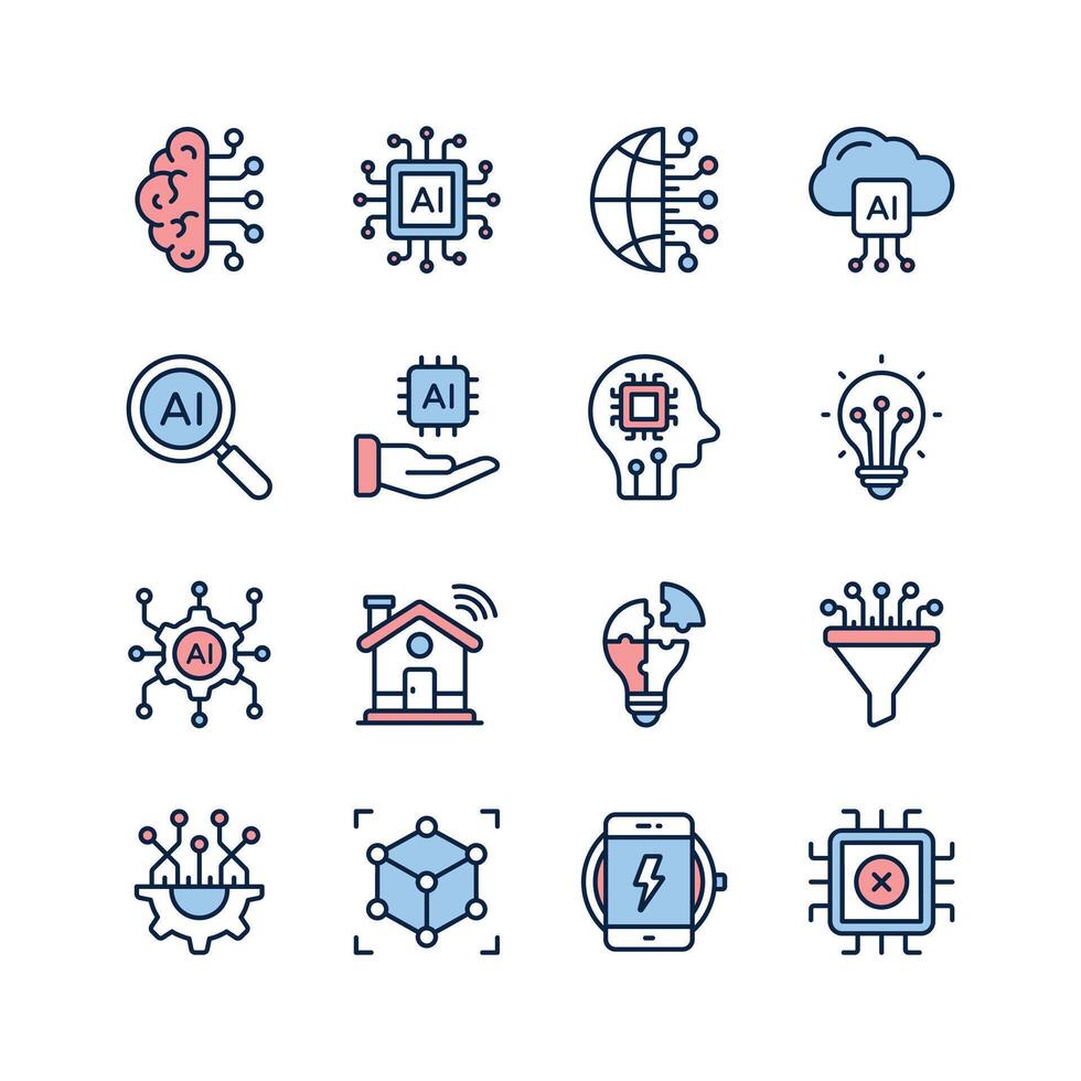 Modern icons representing various aspects of artificial intelligence, perfect for websites, presentations vector
