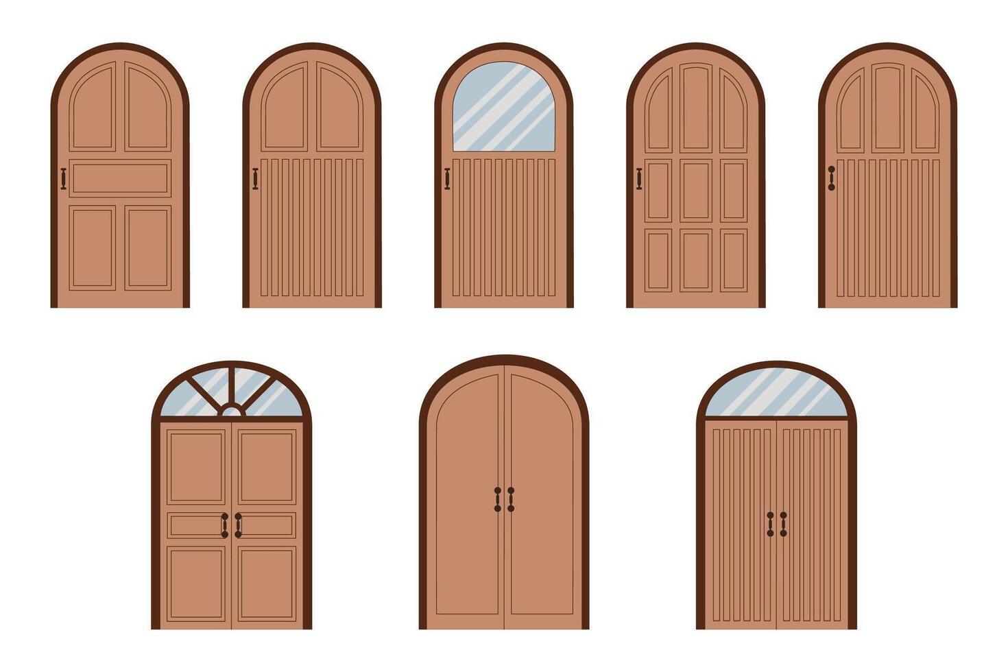 Set of arched door and double door with glass. Building entrance illustration vector
