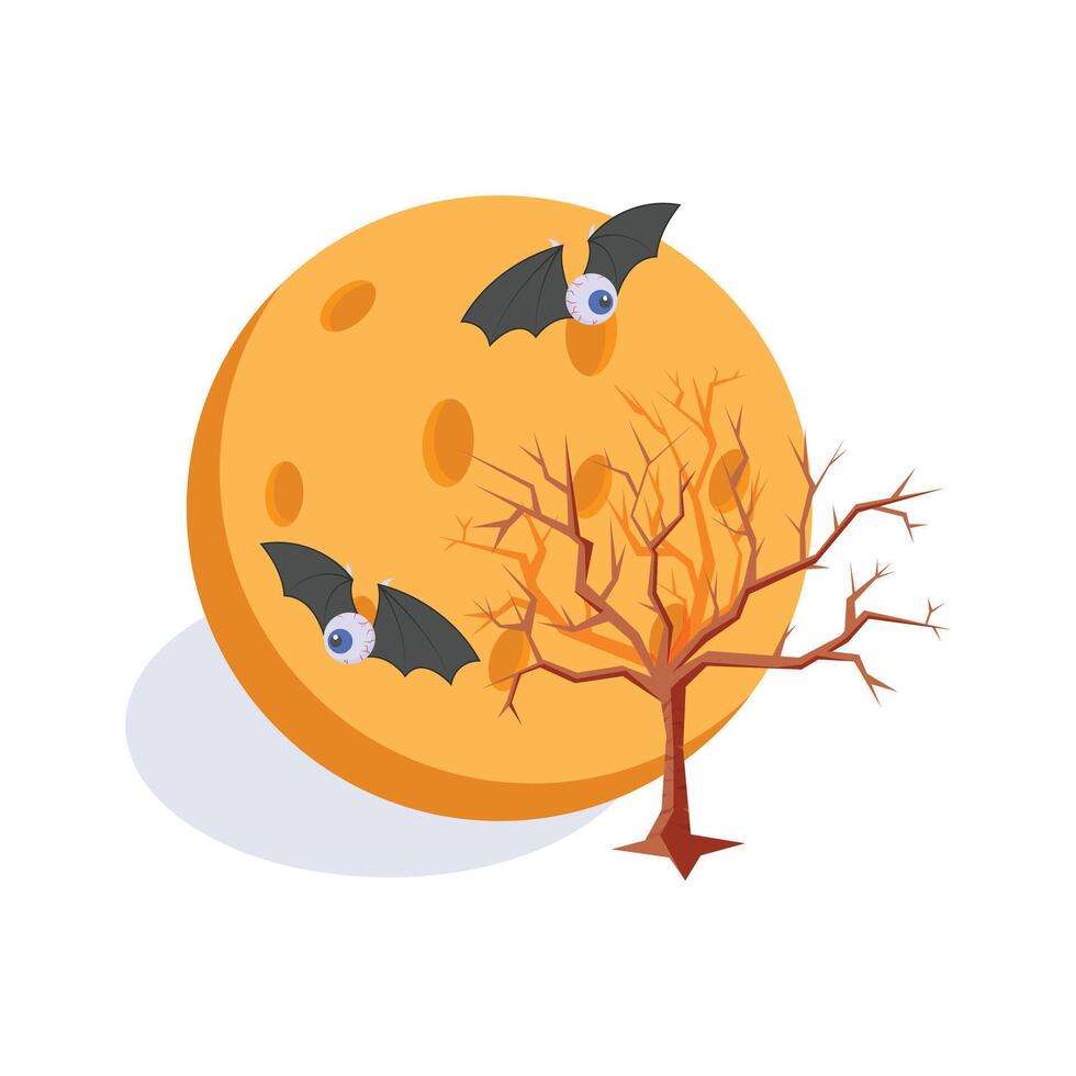 A large orange moon with bats flying over a barren tree vector