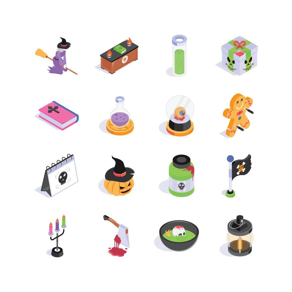 Pack of halloween icons in isometric style vector