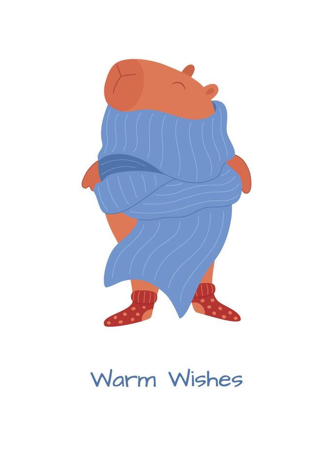 Winter greeting card with capybara and warm wishes. Christmas and New Year greeting card template. Can be used for posters and banners. vector