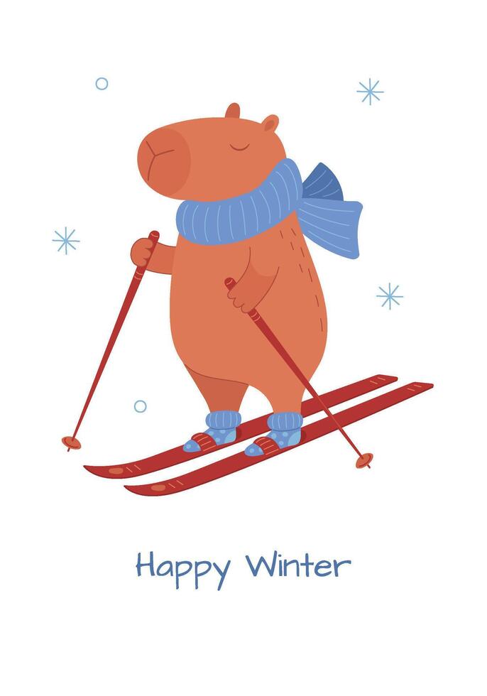 Winter greeting card with capybara and warm wishes. Christmas and New Year greeting card template. Can be used for posters and banners. vector