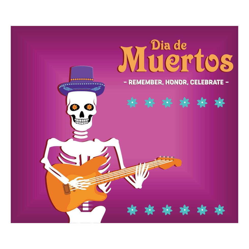 Day of the dead, cute skeleton playing the guitar at night. Flat modern illustration vector