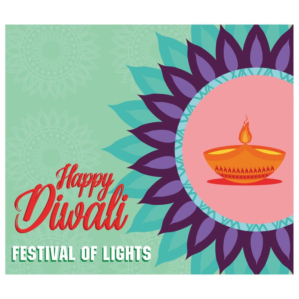 Happy Diwali. Light green background with diwali flower elements and mandala. Flat modern illustration vector