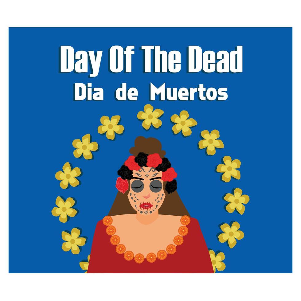 Young woman with painted skull on her face for Mexico's Day of the Dead. Flat modern illustration vector