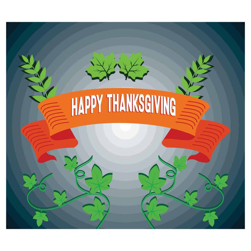Retro greeting card with ribbon and text happy thanksgiving. Flat modern illustration vector