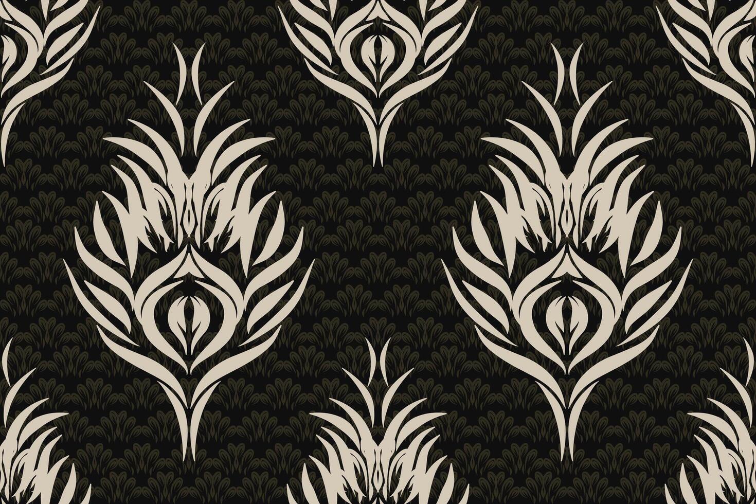 Ethnic ikat peacock feathers Pattern Ikat pattern Ethnic Pattern.Damask indian floral Aztec embroidery border seamless patterns. white on black background. vector