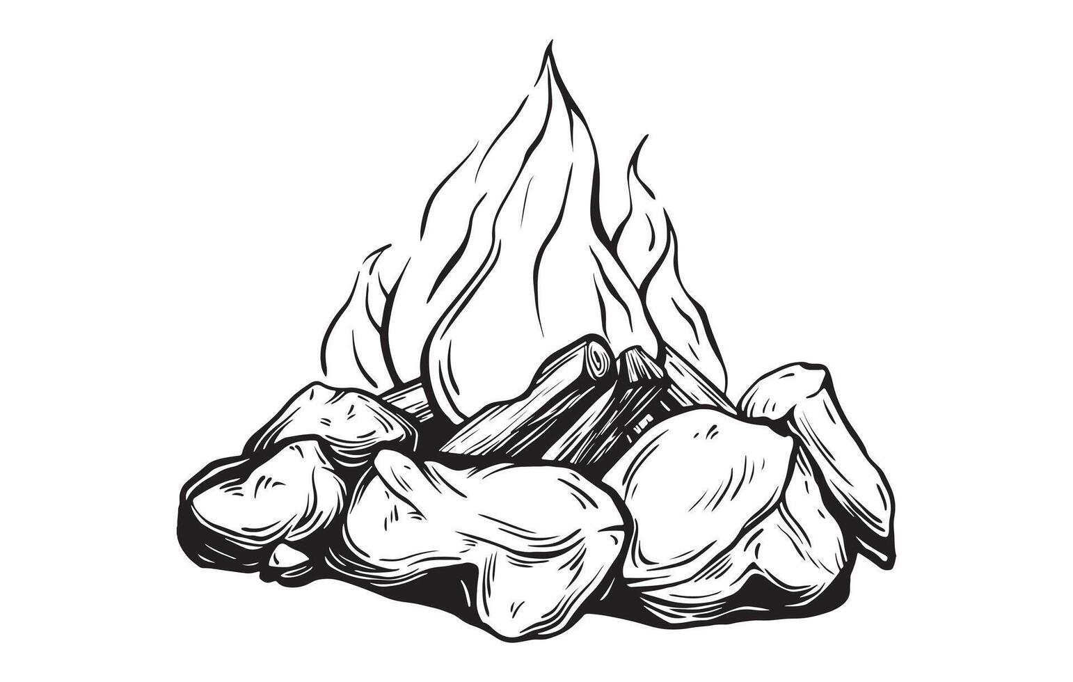 Hand drawn illustration of a Camp Fire in vintage style. Sketch of a campfire or bonfire. Retro bonfire with a flame for summer tourism in the forest. Drawing on a white isolated background. vector