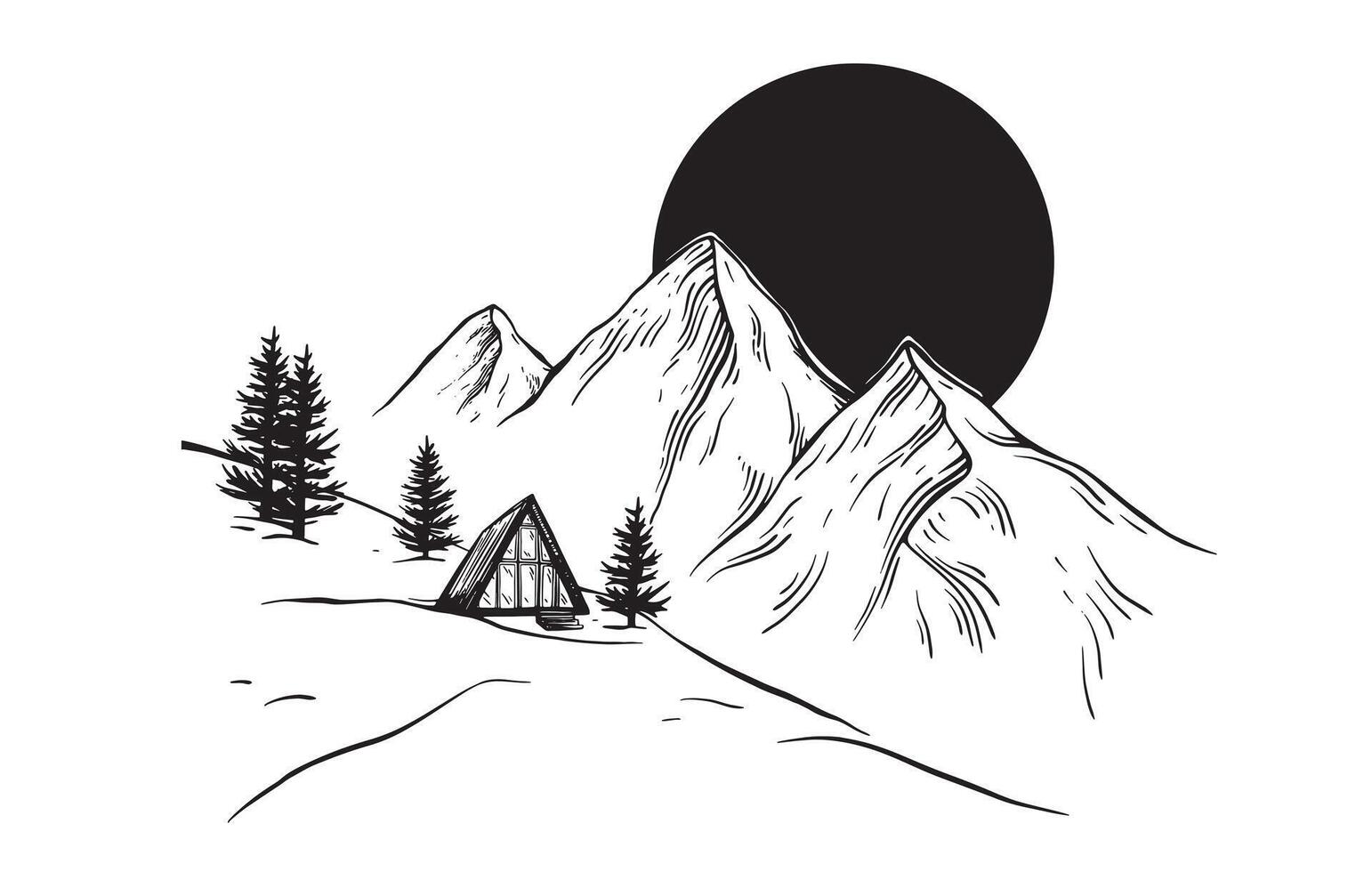 Triangular house or A-frame hut and sun over the mountains illustration in linear drawing style. Remote house in the wilderness and forest for adventure or camping on isolated background. vector