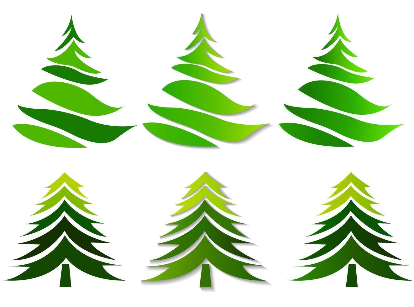 This image features a set of Christmas trees in various green shades, layered designs on a white background, concept of holiday decor. illustration vector