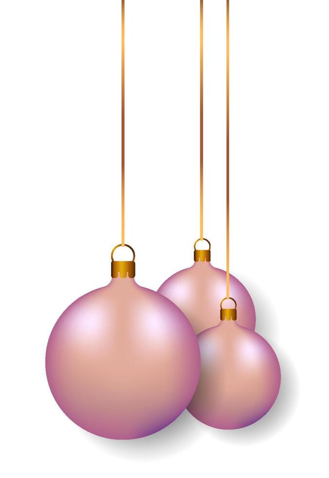 Three pink Christmas ornaments are suspended with golden ribbons against a white background, creating a festive and cheerful atmosphere vector