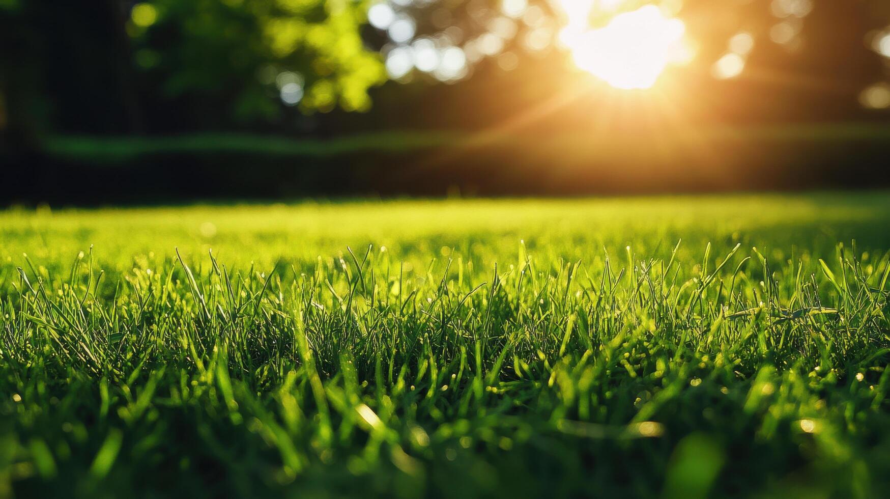A green grass field with the sun shining through photo